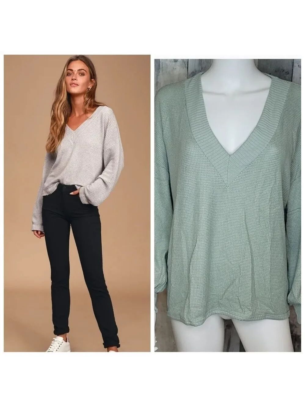 Lulu's V On My Radar Mint Waffle knit sweather